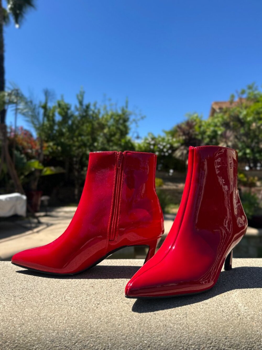 New True Red Pointed Toe Kitten Low Heel Ankle Boots Booties Faux Patent Leather - Picture 4 of 5